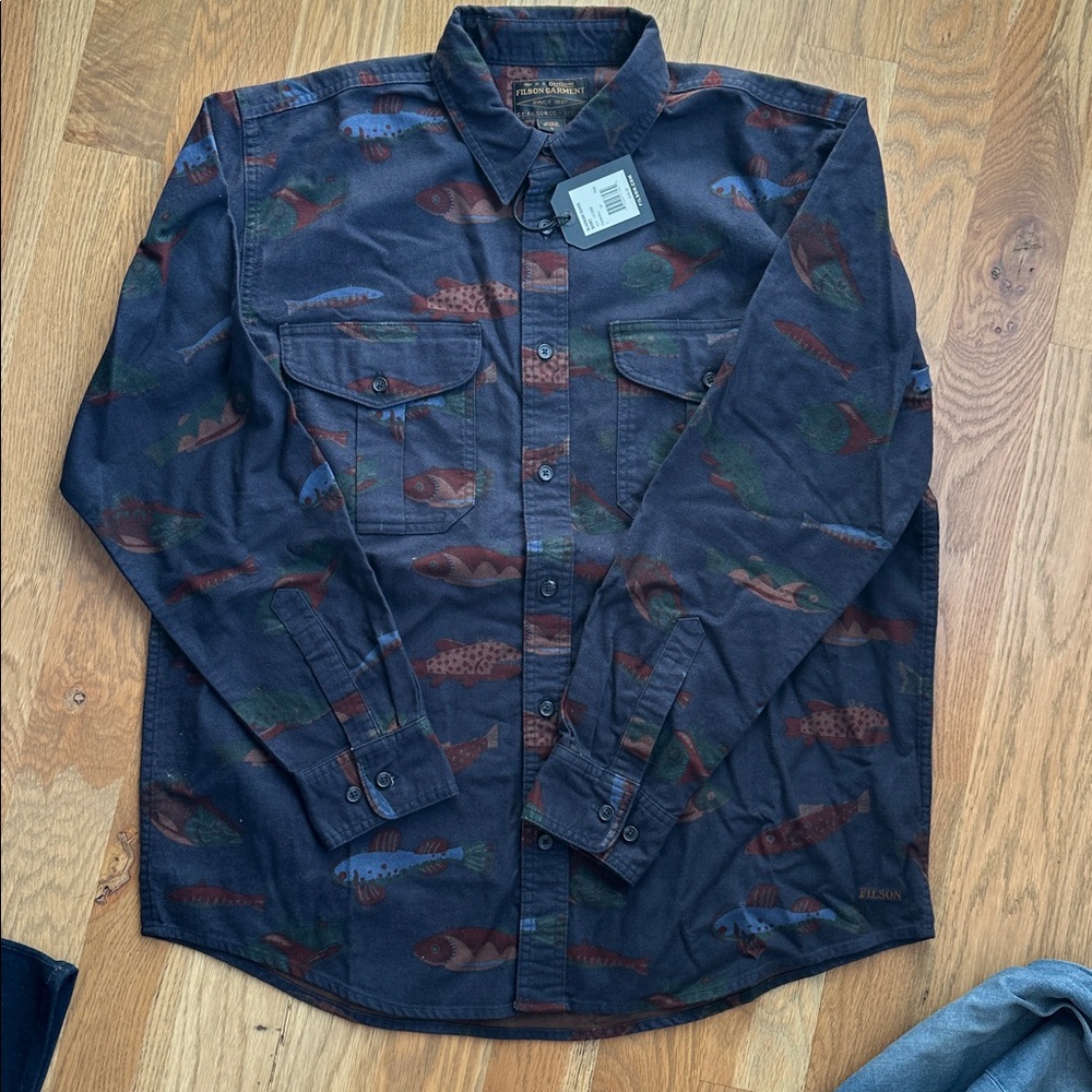 Filson Dark Blue Fish Pattern Button-Up Shirt